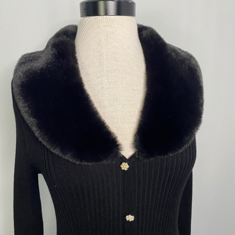 Taylor Womens Black Faux Fur Collar Ribbed Midi Dress Pearl Buttons Large NEW